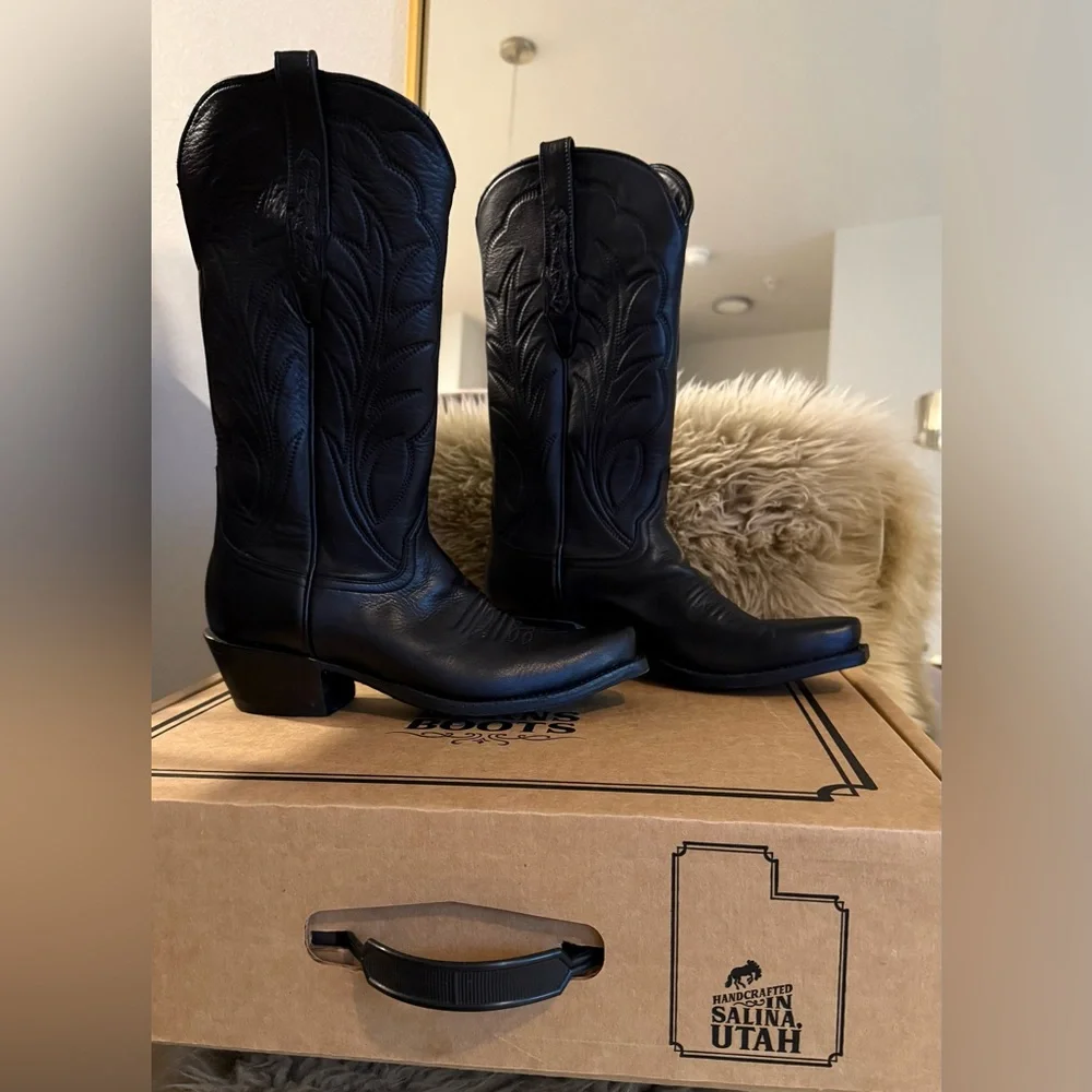 Burns 1876 Black Cowboy Boot Goat Leather Mad Dog Winn Stitching 13” - 7.5 C - Picture 3 of 12